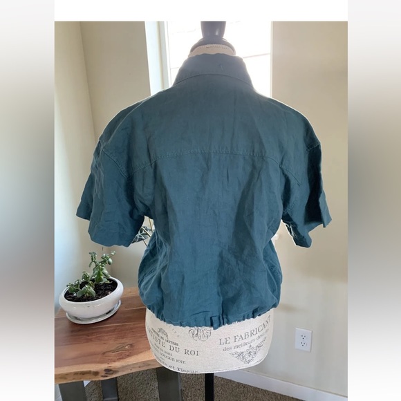 Athleta Women’s 100% Linen Wrap Top Tie Collar Blue Cropped Medium Classic - Picture 5 of 11